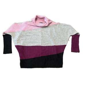 Color Block Oversized Turtleneck Sweater, Black, Purple, Gray, Pink